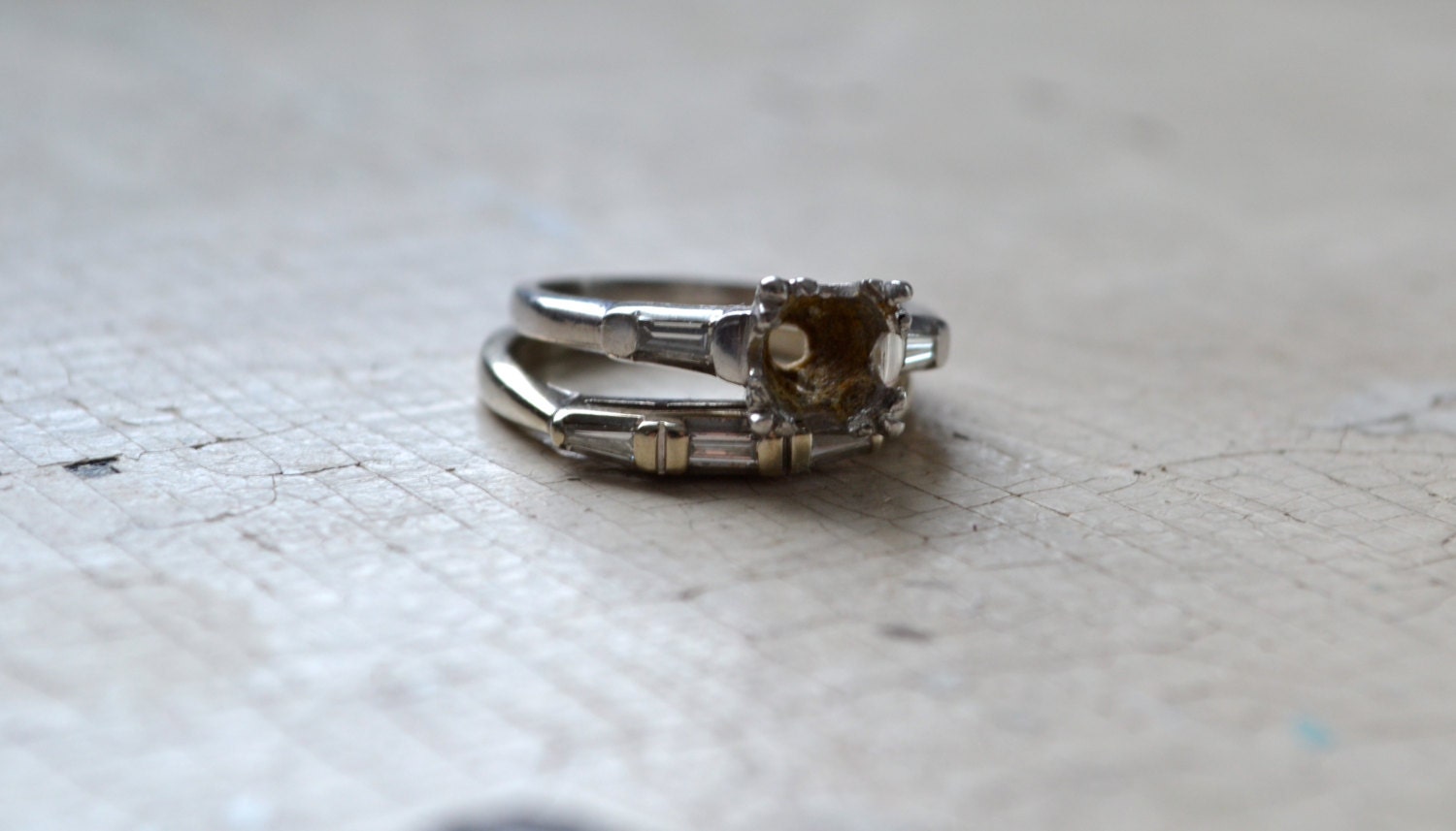 Vintage Engagement and Wedding Ring Set -  Platinum and White Gold - Size 6