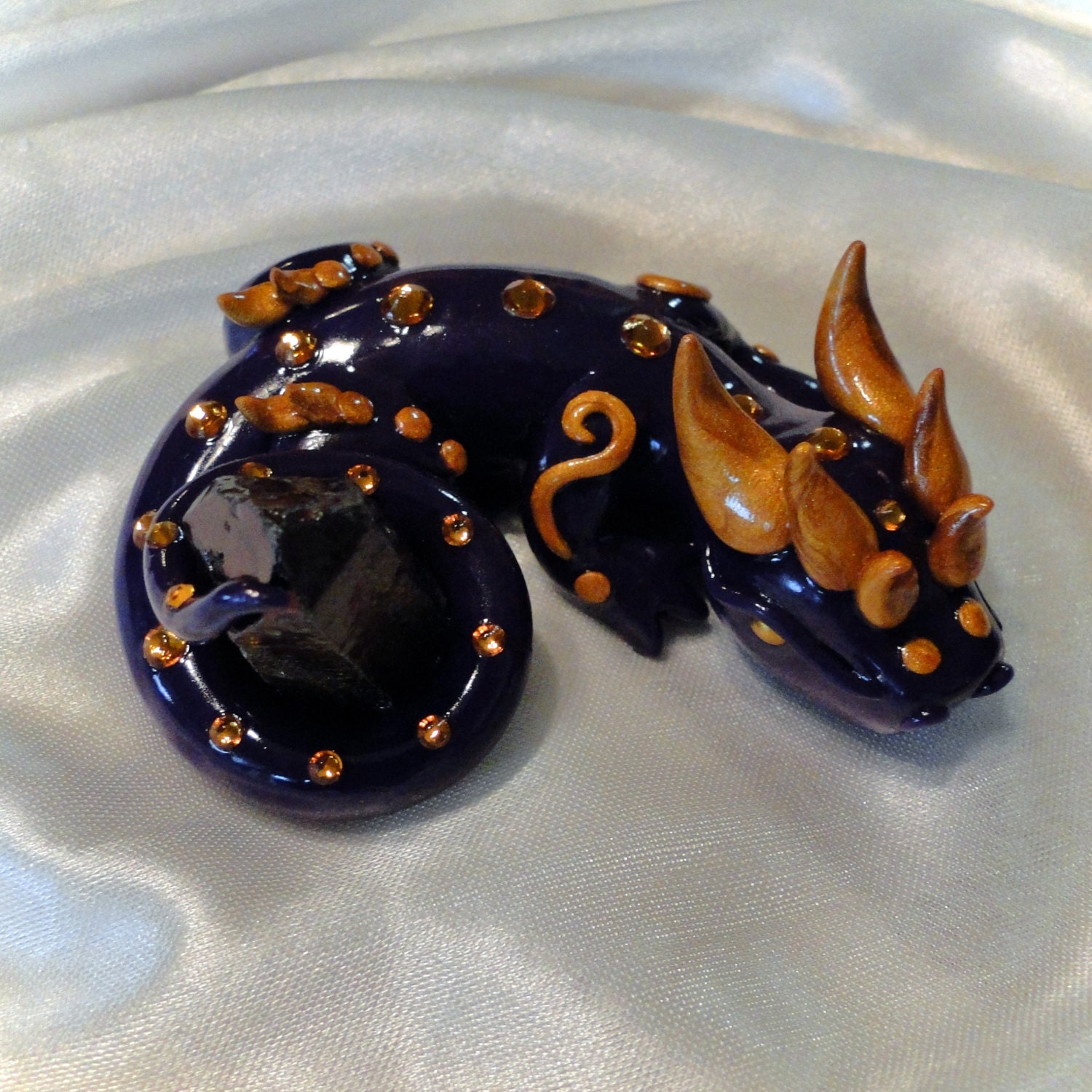 Purple Dragon with Swarovski Elements Wrapped Around Rough-Cut Crystal - Handmade Polymer Clay Figure Sculpture