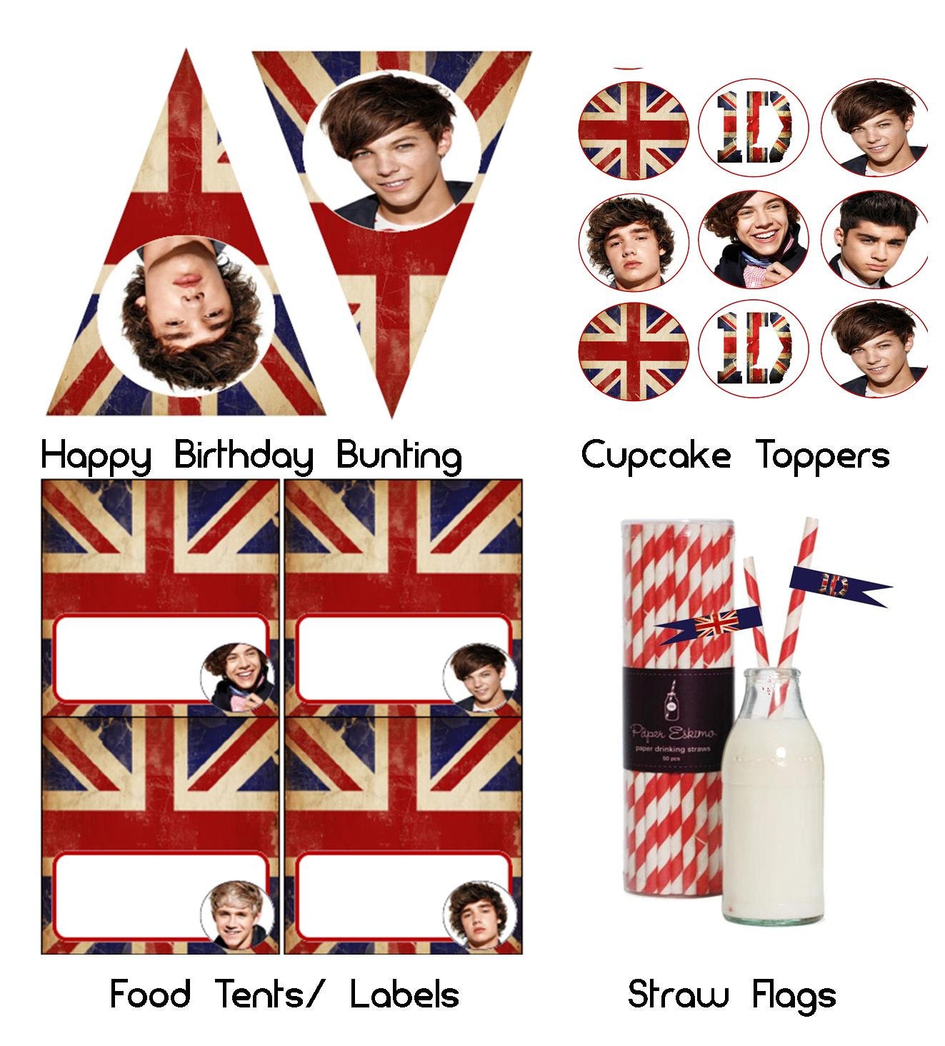 Mini Party Pack - 1D One direction birthday party theme decorations bunting flag tent labels cupcake toppers