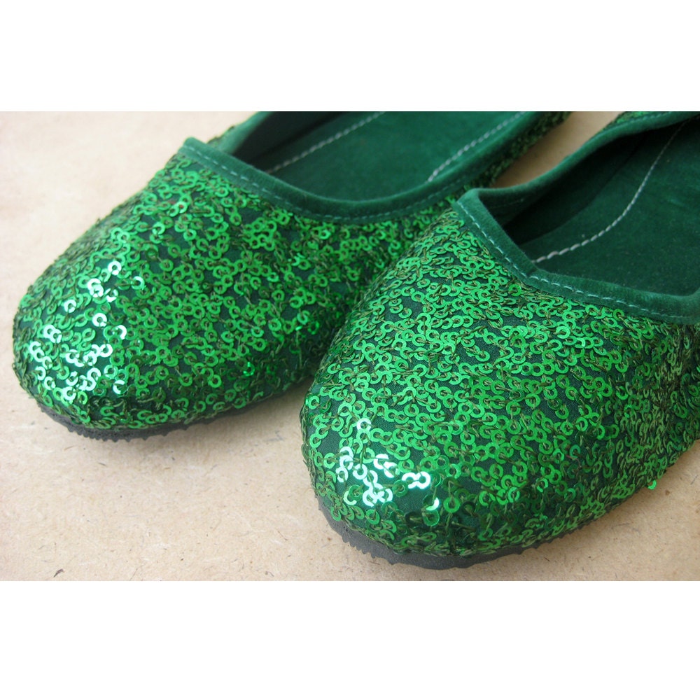 Green Shoes Sequin Ballet Flats /Handmade Indian Designer Women Shoes or Slippers/Sequins Shoes