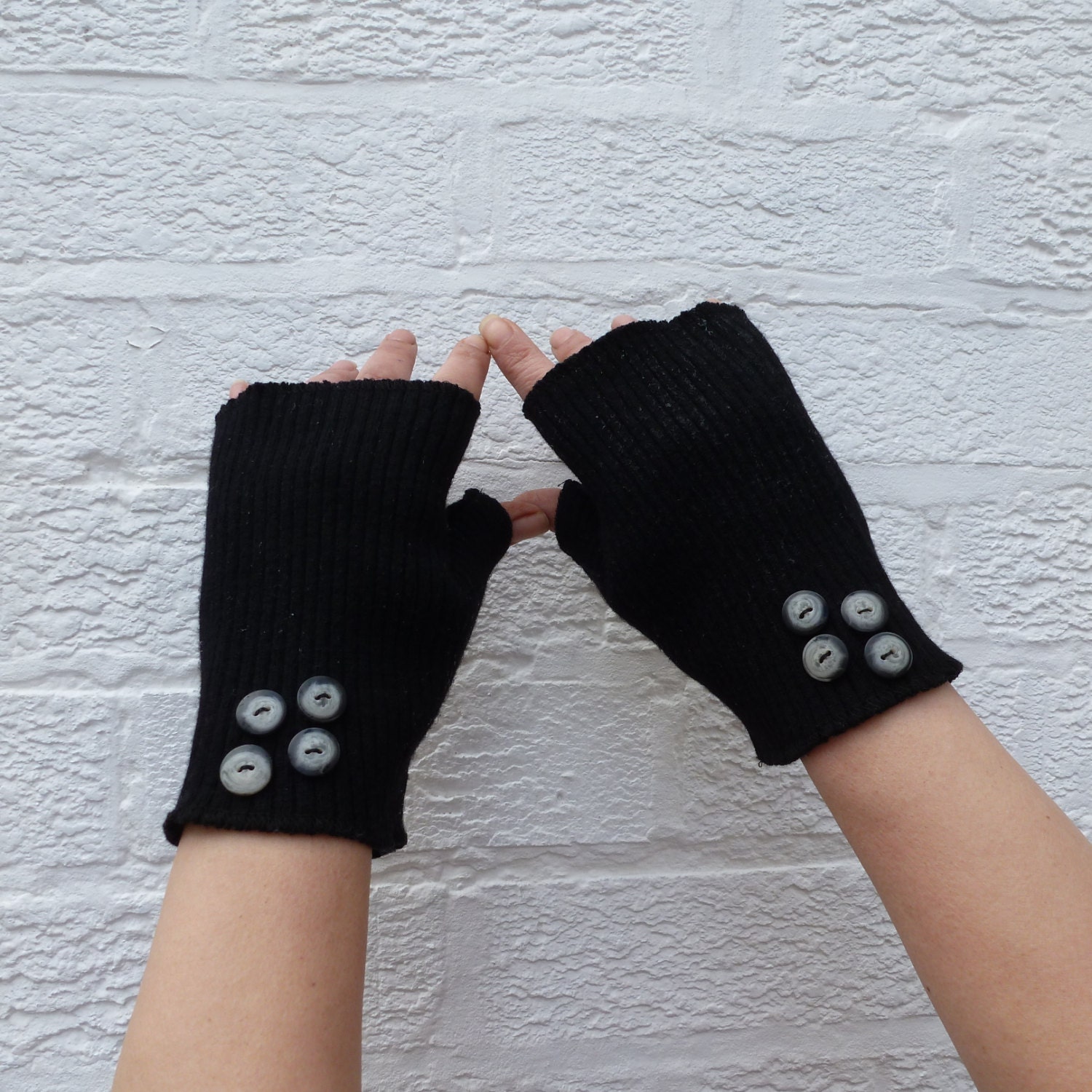 Black Fingerless Merino wool texters mitts Handwarmer gloves. Button trim cuffs