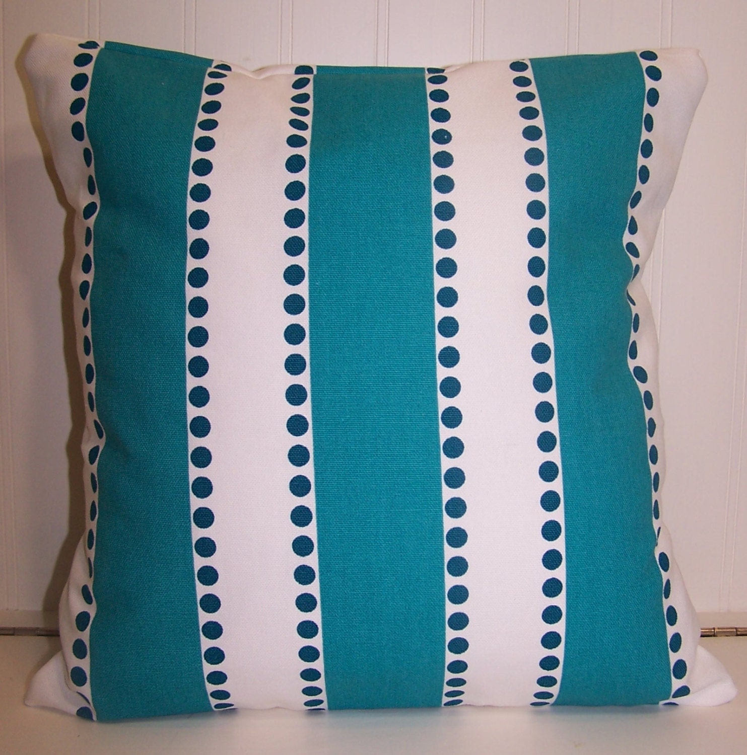 PILLOW COVER Throw Sham Case Handmade Custom Fits 18 or 20 Inch Pillow Insert Premier Prints Fabric True White Turquoise Lulu Stripes