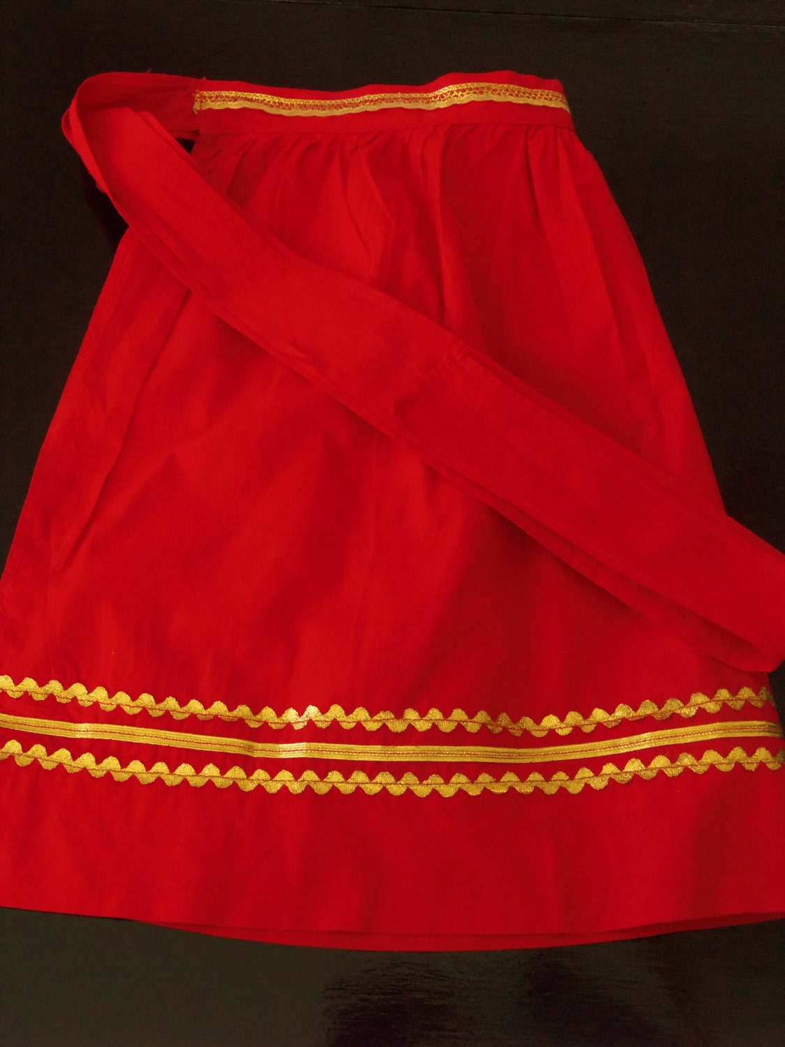 Vintage Red Half Apron Women's Handmade Gold Ric Rac Cooking Kitchen Clothing Home Living Dining Entertaining by picadillymarket