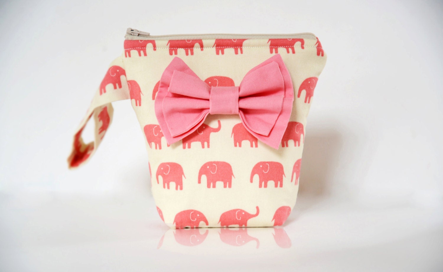 Accessory Pouch Cosmetic Case MakeUp Bag Lens Pouch Zippered Pink Elephant with Light Pink Double Bow