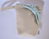 Accessory Pouch Cosmetic Case MakeUp Bag Lens Pouch Zippered Natural Linen with Aqua Lace Side Bow