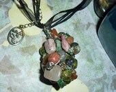 Agate, Red Aventurine, Rhodochrosite Gemstone Necklace original wire wrapped on organza Fabric with lobster Clasp - reiki infused