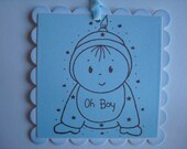 New Baby Boy "Oh Boy" - Square Layered Tags in Blue - Handmade Set of Six