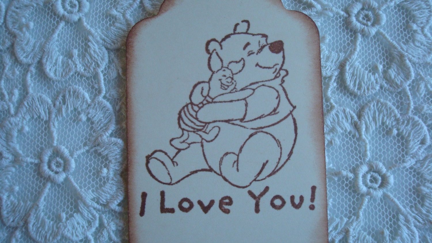 Handmade Favor Gift Tags - Winnie the Pooh - "I Love You" - Wedding, Engagement, Anniversary, Baby - Set of Six