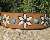 Hand Painted Tooled Leather Cuff Bracelet - Wide - Daisy with Turquoise Stones - Snap - Women or Girl