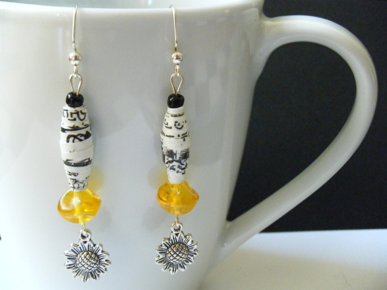 OOAK Recycled Material Rolled Paper Bead Yellow Black Silver Sunflower Dangling WIre Hook Earrings Upcycled Repurposed Parchment Eco Jewelry