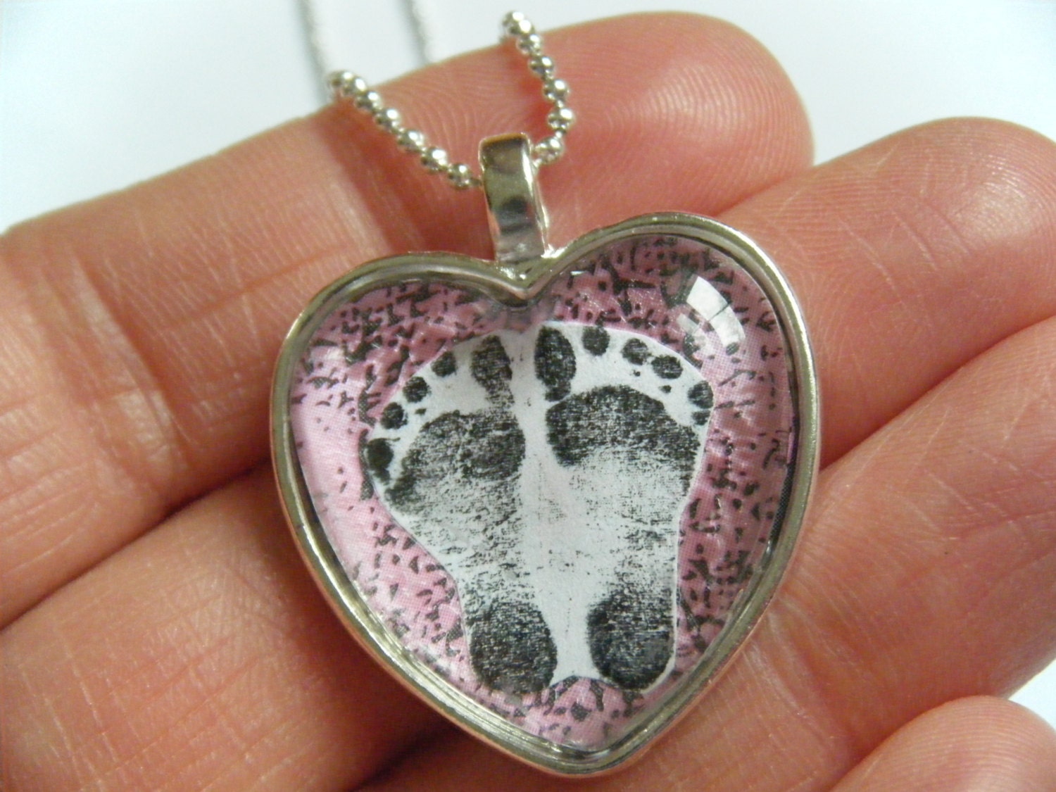 OOAK CUSTOM ORDER Baby's Actual Baby Infant Footprints New Born Feet Mother Mom Silver Heart Glass Tile Keepsake Pendant Necklace Day