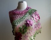 crochet scarf, crochet shawl, Wedding hand made crochet shawl green, pink, ruby scarf gift mom girl christmas scarves