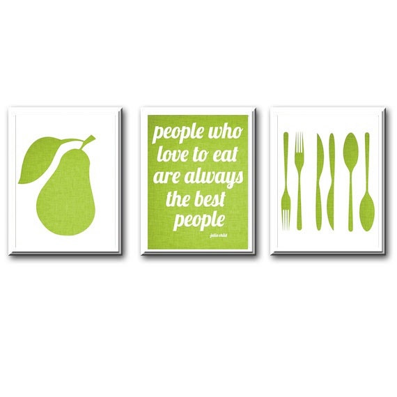 Home Wall Decor- Prints for Kitchen- Set of 3 Kitchen Prints- DIning Room Prints- Julia Child Quote- Pear- Forks Knives Spoons
