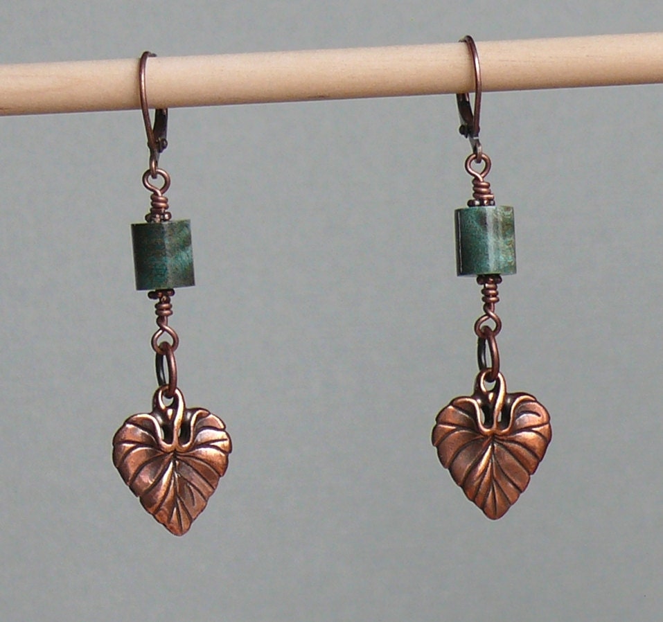 Copper Leaf Earrings Curly Maple Turned Wood Dangle Romantic Bohemian Jewelry Handmade Bead Green Earrings Mother's Day Gift Idea