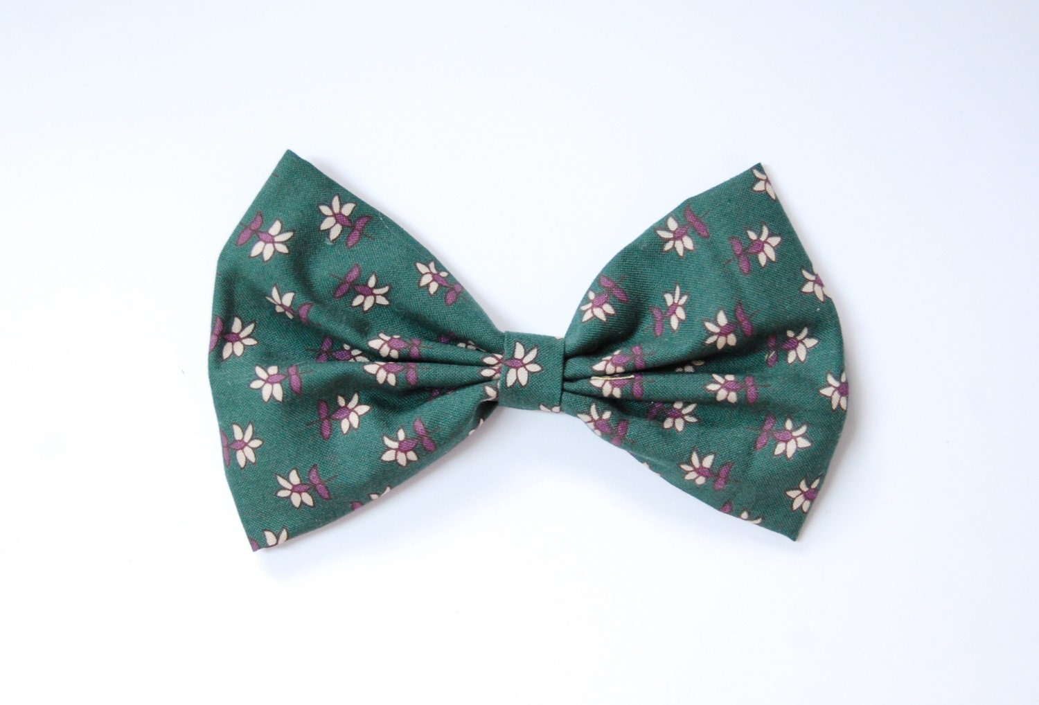 ON SALE dark green flower floral fabric butterfly green hair ribbon, gift for girls, cute handmade ribbon art, fabric bow