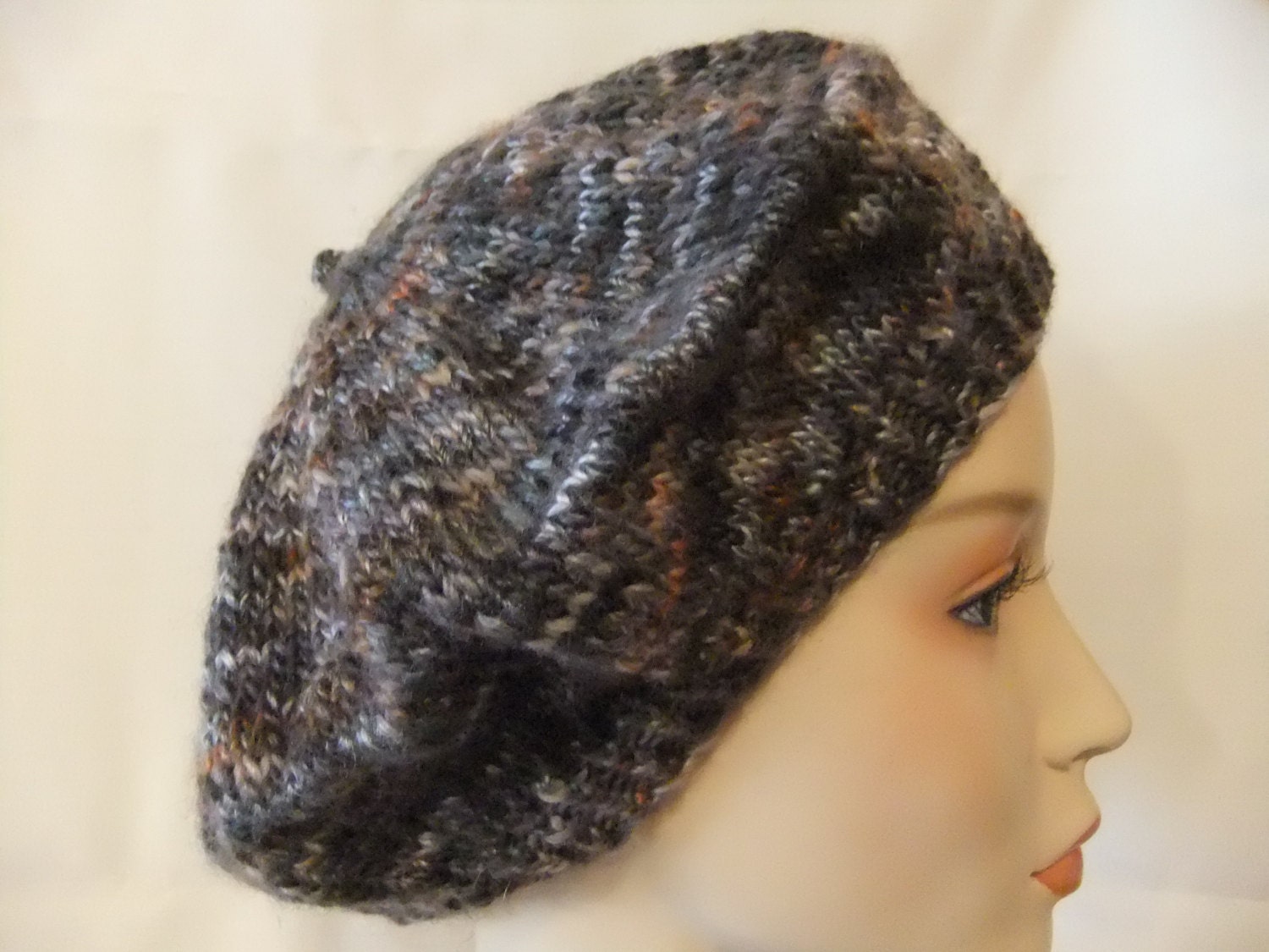 Woman Hand Knit Tam Handmade Beret Wool Hat Girl Womens Grey Brown White Variegated Hat Accessory