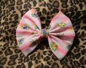 Big Pink and White Striped Floral Pattern Bow Hair Clip