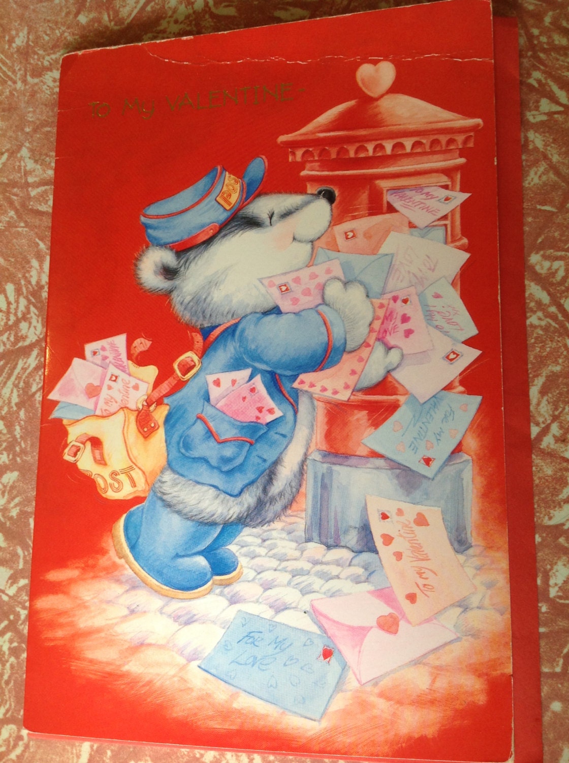 To My Valentine- Badger mailman posting letters. Love. Card. Greeting. Oversized. Big. Large. Cute animal. 1980's 80's