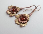 Copper flower earrings handmade, copper jewelry, copper dangle earrings, mixed metal earrings, carnelian cabochon,  metalwork