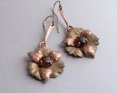 Flower copper earrings handmade, copper jewelry, metalwork, dangle earrings, carnelian cabochon