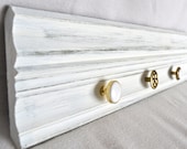 White Distressed Wooden Jewelry Hanger With Gold Knobs