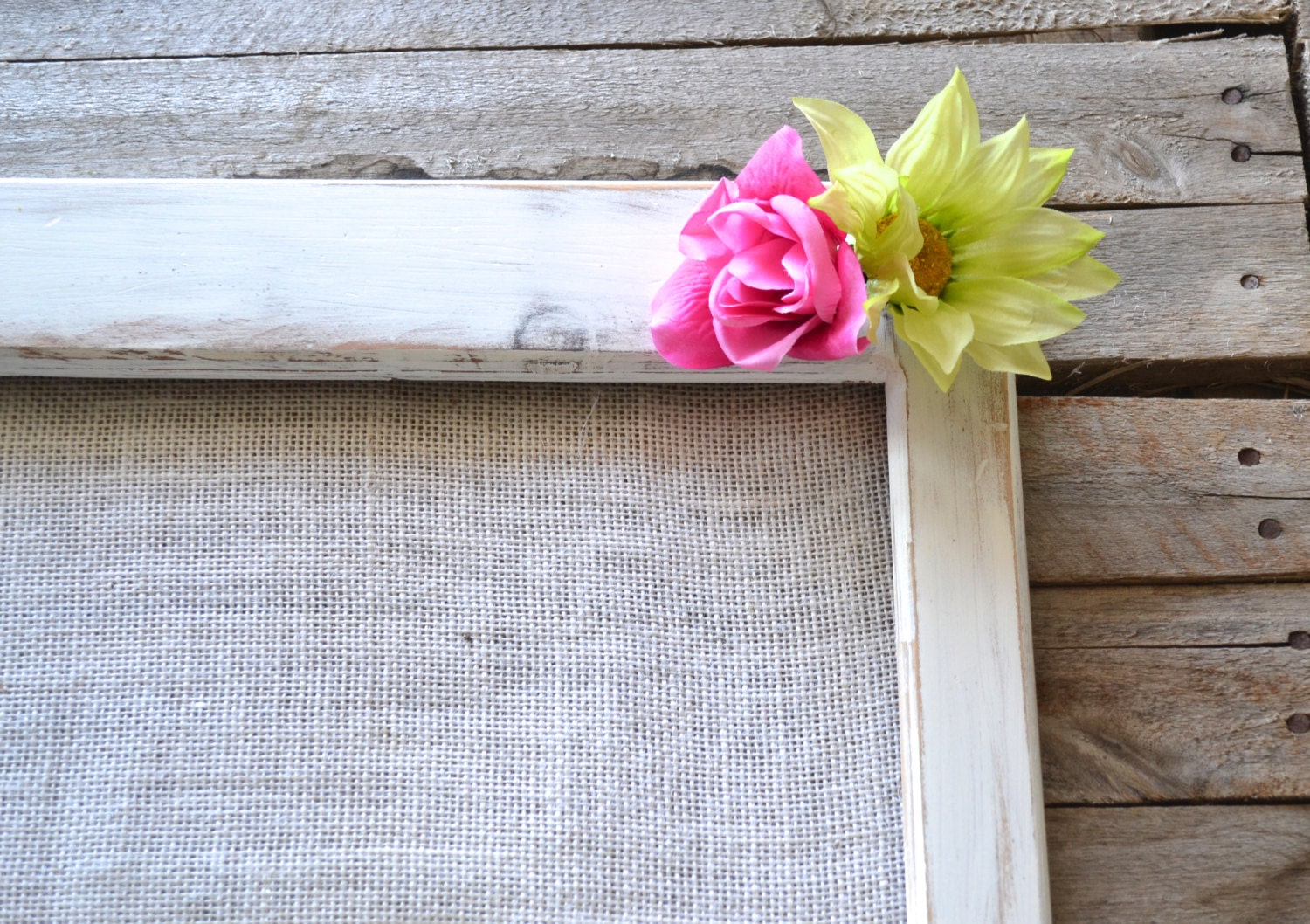 Shabby Chic Distressed White Entry Organizer with Shelf, Hooks, Burlap, Flowers