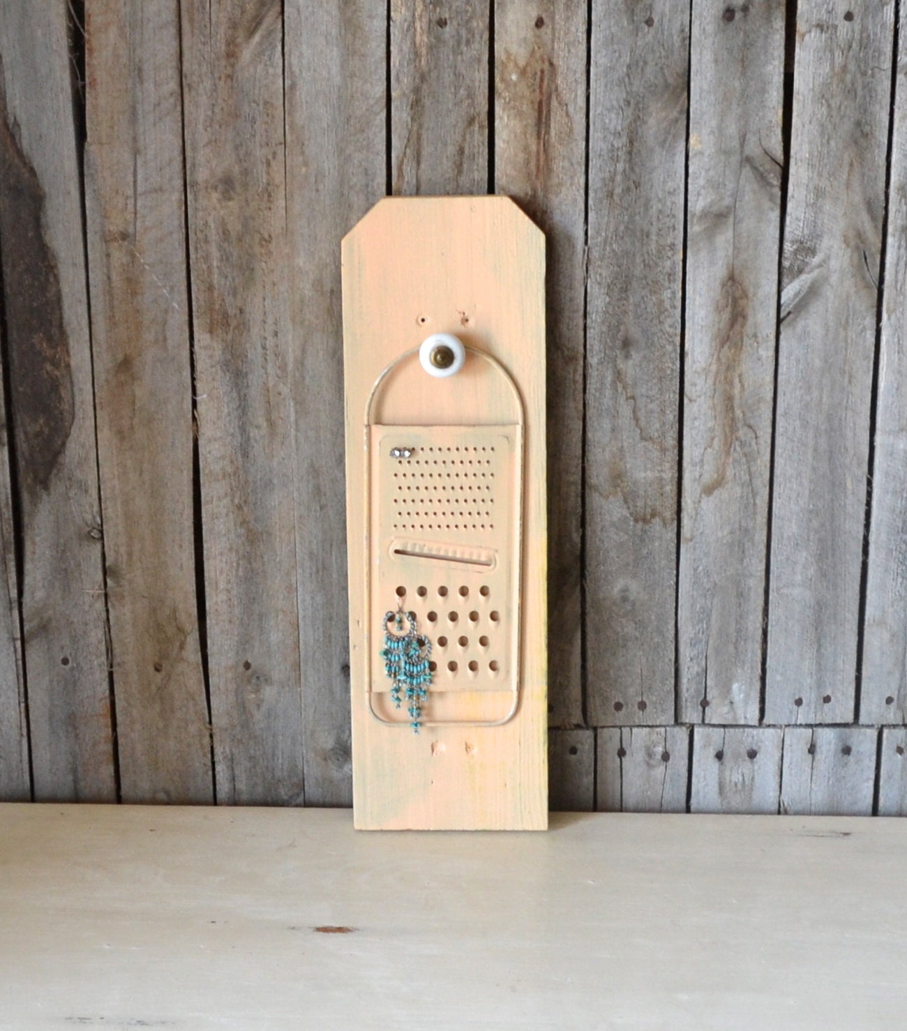 Funky Vintage Peach Cheese Grater Earring and Jewelry Display Wooden with Knob