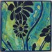 Small, abstract painting of silouhette flowers against a teal and yellow background
