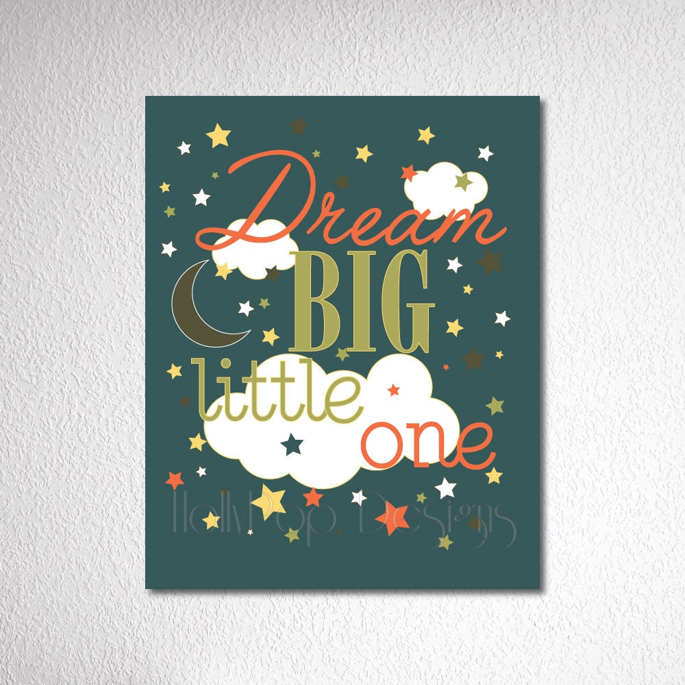 Dream Big Little One Nursery Decor Green Orange Brown Digital Art Prints Modern Retro Typography Artwork Baby Boy Bedroom Wall Hanging 8x10