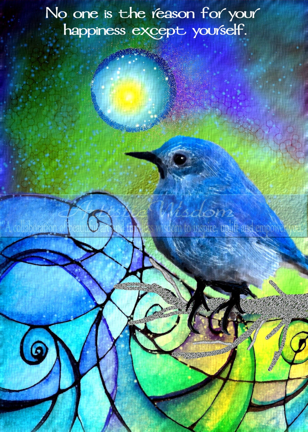 No one is the reason  inspirational wisdom original digital and watercolor collage art bird moon waves tree print 8 x 8