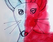 Half Sly 8x8 Digital Art Print/Fushia/Light Blue Red Fox Illustration/ Archival Print