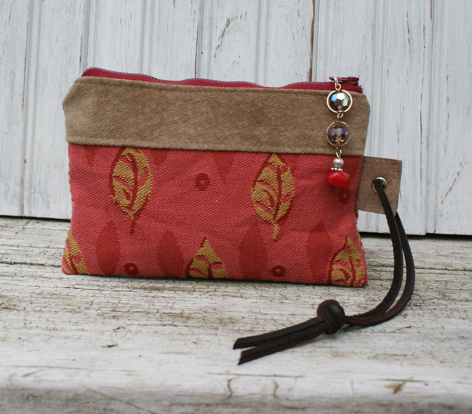 Maroon Leather Wristlet iPhone Pouch Cell phone Bag Gadget Coral