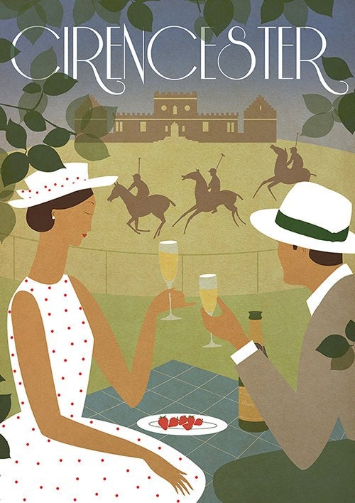 Vintage Art Deco Poster Print A3 Cirencester Polo Summer Bauhaus 1920's Romantic Picnic Vogue Original Design 1940's