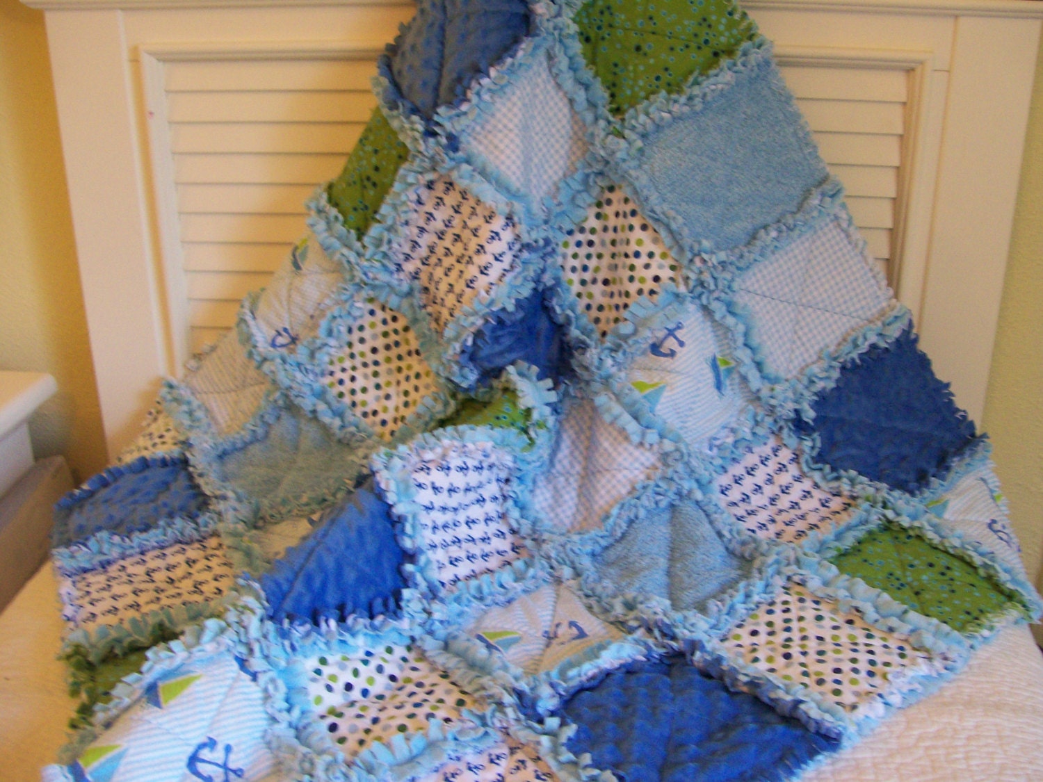 Sailing We Go Baby Rag Quilt READY TO SHIP Minky Chenille Anchors Nautical Sailboats Green Blue All Minky Backing Baby Shower Gift