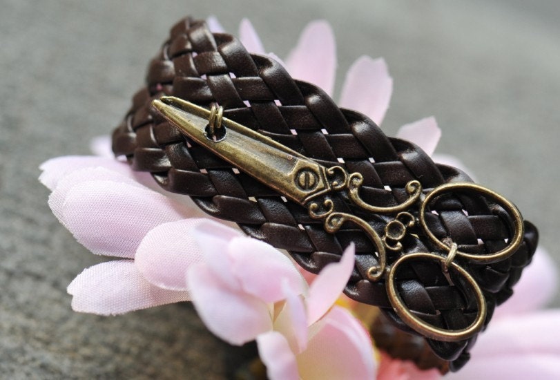 Charm bracelet, scissors bracelet,retro bronze scissors,light brown braid leather bracelet---B121