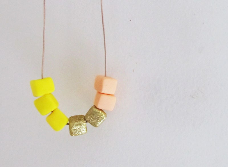 Handmade Geo Cube Necklace in Neon Yellow, Glitter Gold and Peach Orange. Bright Geometric