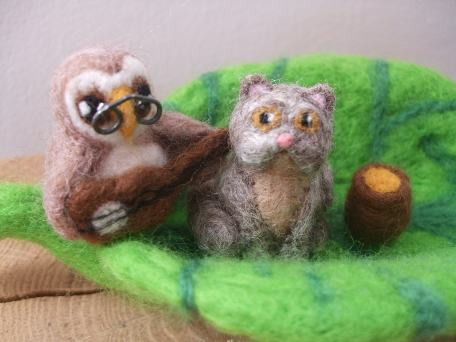Handmade Needle Felted Owl and the Pussycat in a Pea Green Boat