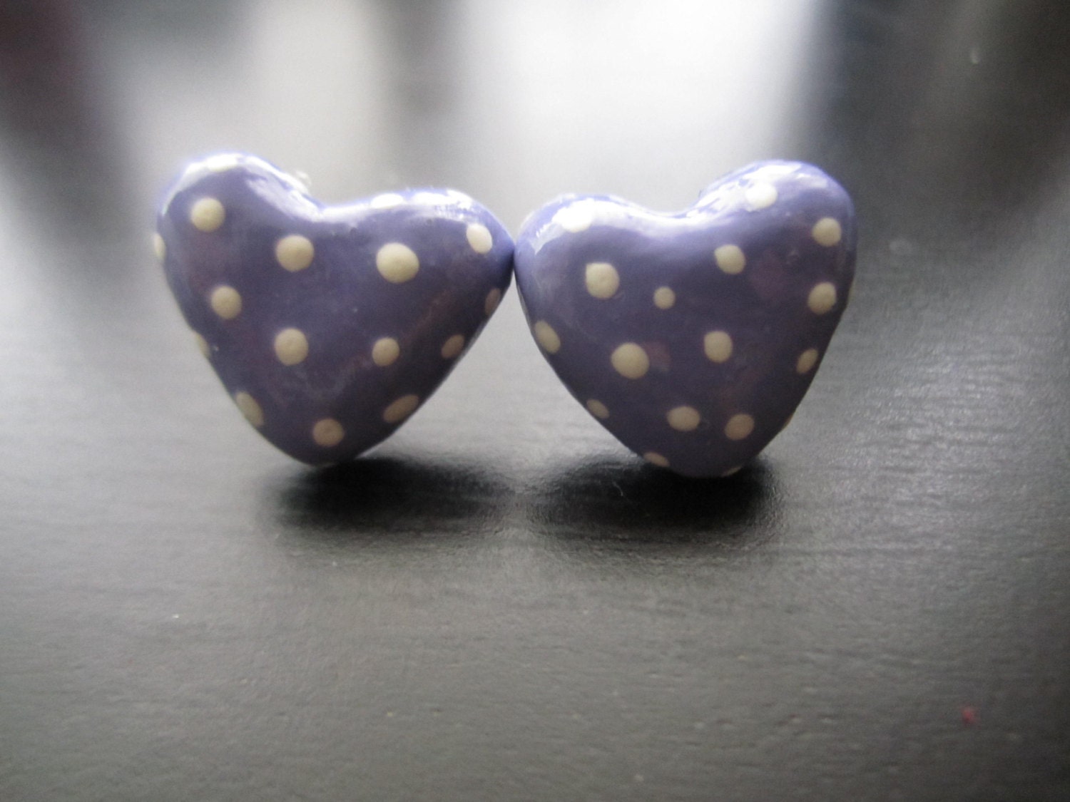 Polka Dot Lavender Heart Earrings Polymer Clay