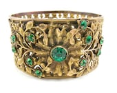 Victorian Brass Filigree and Emerald Rhinestone Cuff Bracelet