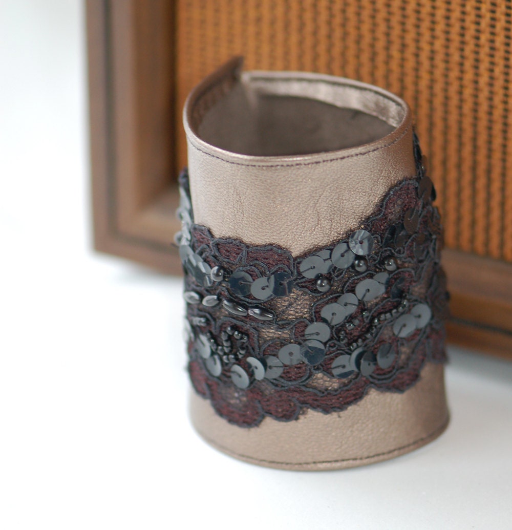 OOAK Bridal black lace on leather cuff - Bridal pearly black lace on bronze repurposed leather bracelet - DAUPHINELLE - Eco-Friendly