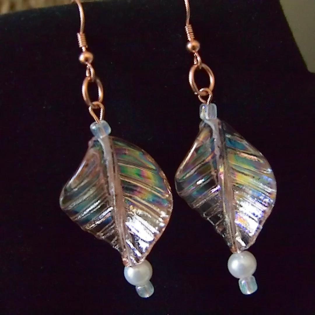 Unique Handmade Jewelry, Peach Earrings on Copper wires:  Dangling Iridescent Peach Glass Leaves and Pearls waiting for you...
