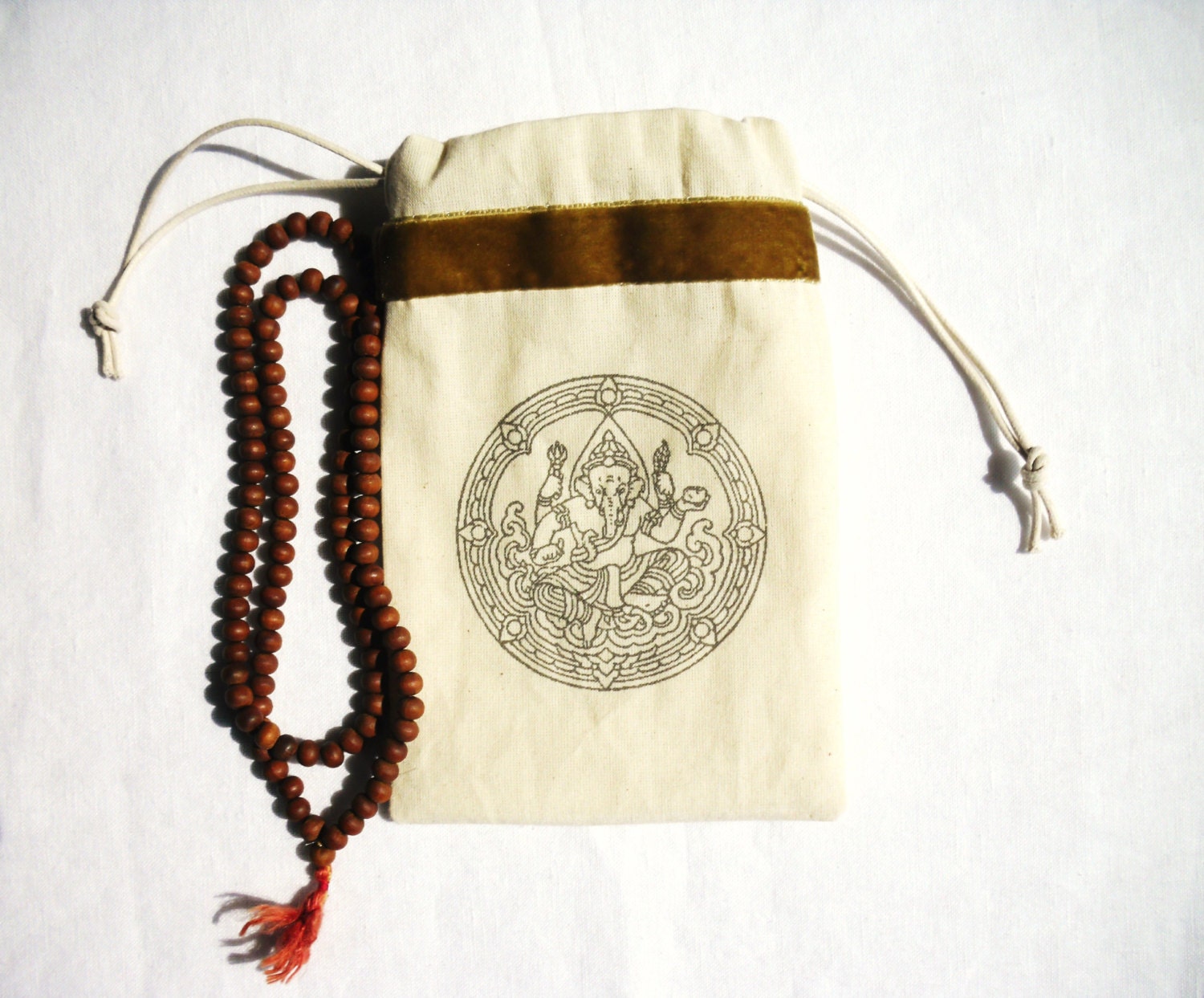 Drawstring Mala Bag, Tarot Pouch, rune pouch, jewellery bag, Ganesha, lined, cotton, off white, moss green, eco chic