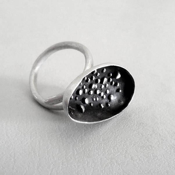 Oval Shape Sterling Silver adjustable ring, Oxidized with Satine Matte finish. Summer Trends. Ready to ship