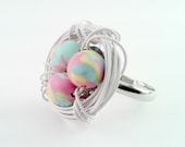 Bird Nest Ring, Polymer Clay Beads in Silver Plated Wire Nest, Adjustable Band