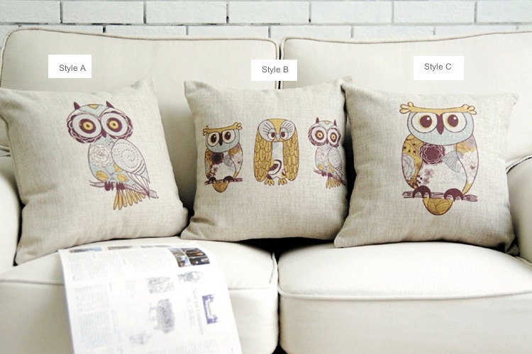 100% Natural Linen Eco Friendly Handprinted Cushion Cover, Burlap pillow cover, Linen Cushion Cover, Cartoon Owl print - BeInspire