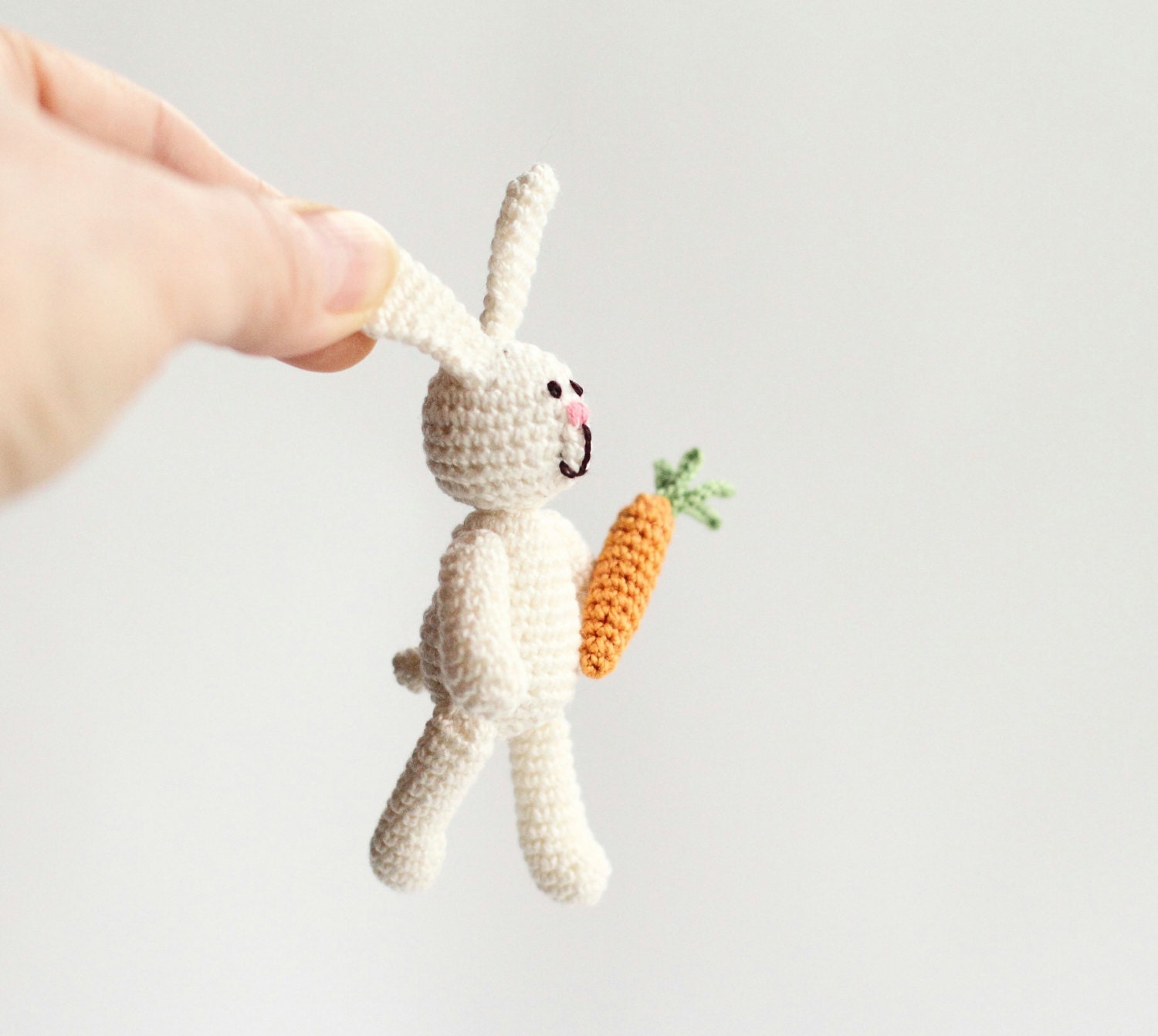 Easter Crochet Miniature White milk  RABBIT  with CARROT - crochet art doll , toy. White, orange