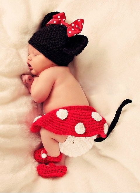 Newborn Baby Girls Toddler Mickey Mouse Costume Photo Photography Props Crochet Beanie Handmade Knit Hat Caps  Diaper Cover Skirt Shoes