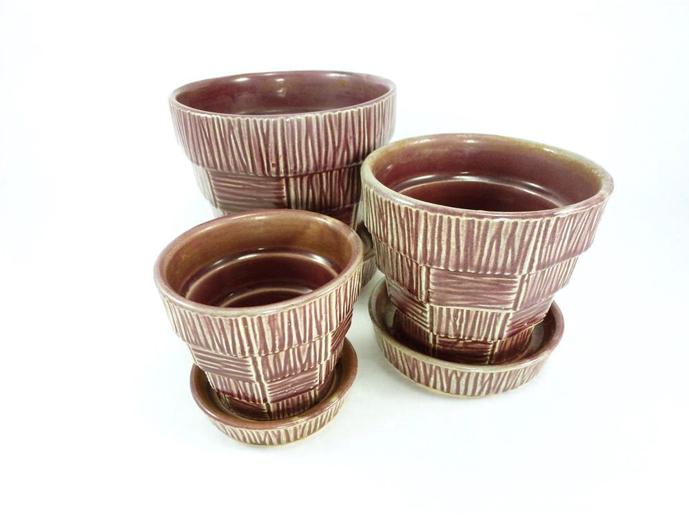 Vintage Set of Three Purple Basketweave Planters by McCoy