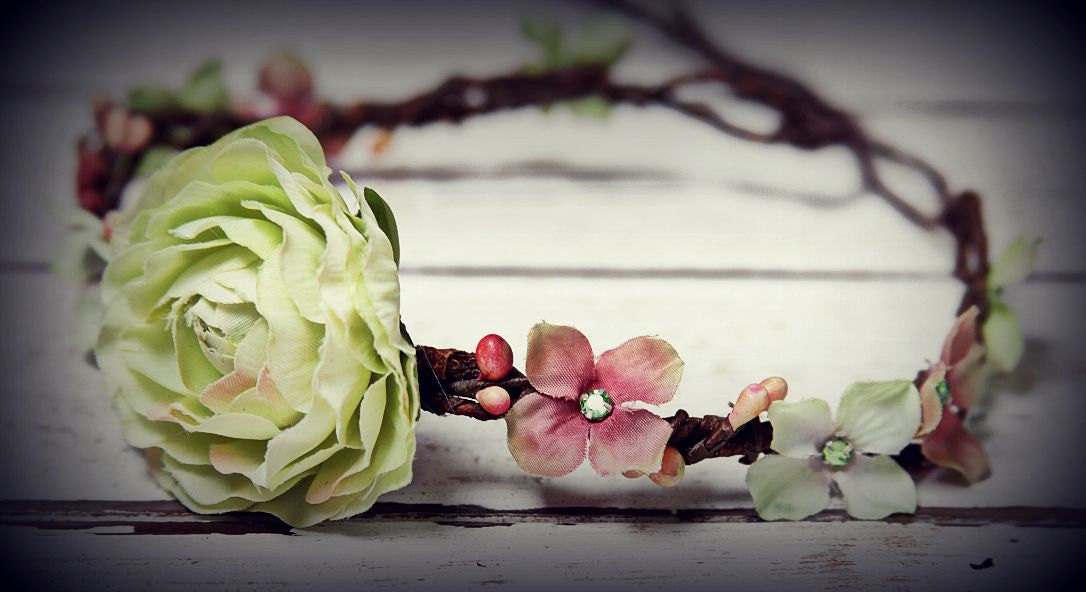 Flower head wreath-Woodland Flower crown Fabric Flowers with Rhinestone centers & faux berries