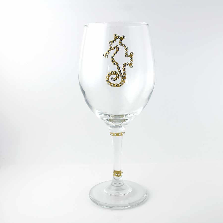 Seahorse Bling Wine Glasses, Clear Rhinestones, Gold Glass Paint, 20 oz. Wine Glasses